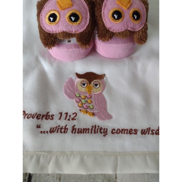 New Stephan Baby Girl Owls Embroidered Bible Verse Burp Cloth and Rattle Booties - Picture 3 of 4